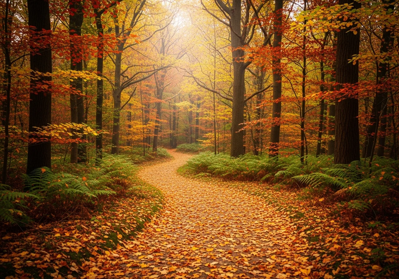 Waldweg im Herbst mit warmem, goldenem Licht