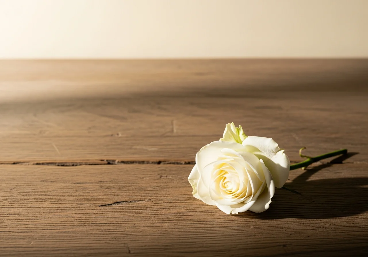 Einzelne Blume auf einer schlichten Holzfläche im warmen Licht